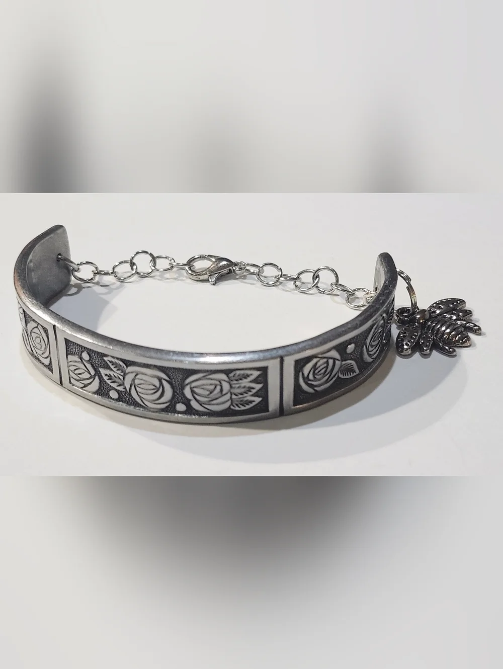 Rose Spoon Handle Floral Cuff Bracelet With Bee Charm